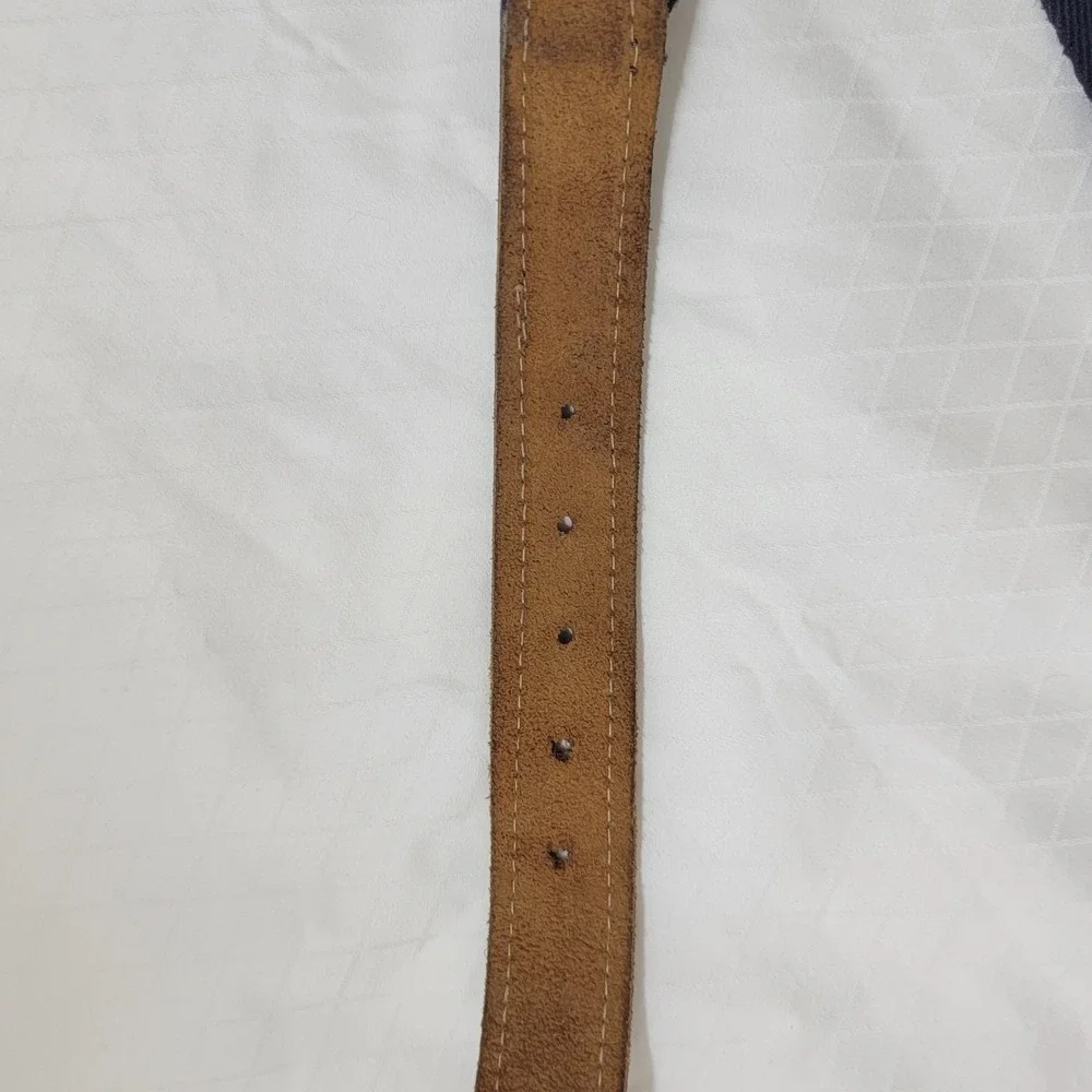 Mens Navy Burgundy Striped Wool Surcingle Belt Leather Solid Brass Buckle Sz 34